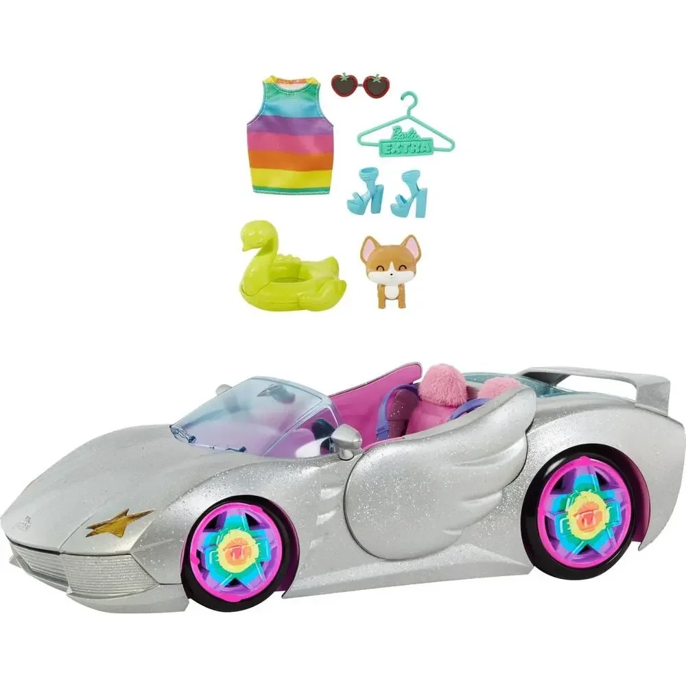 Barbie Car, Barbie Extra Set, Sparkly Silver 2-Seater Toy Convertible with Puppy